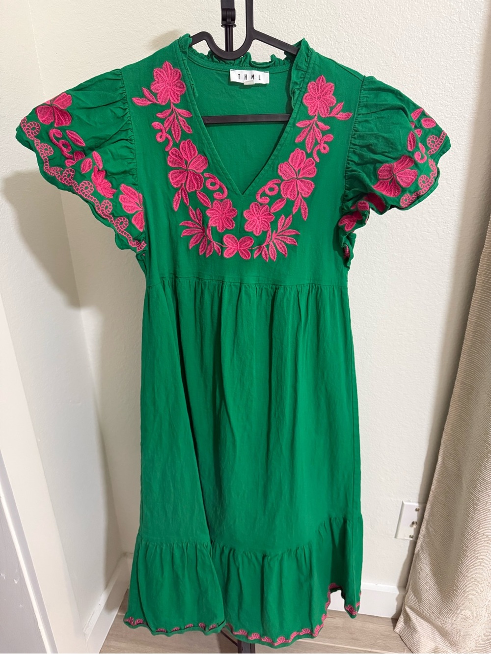 THML Emerald Green Dress with Hot Pink Floral Embroidery